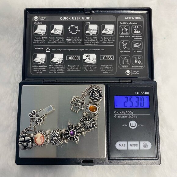 Vintage Victorian Sterling Silver Revival Slide Charm Bracelet w/ Travel Bag - Picture 9 of 9